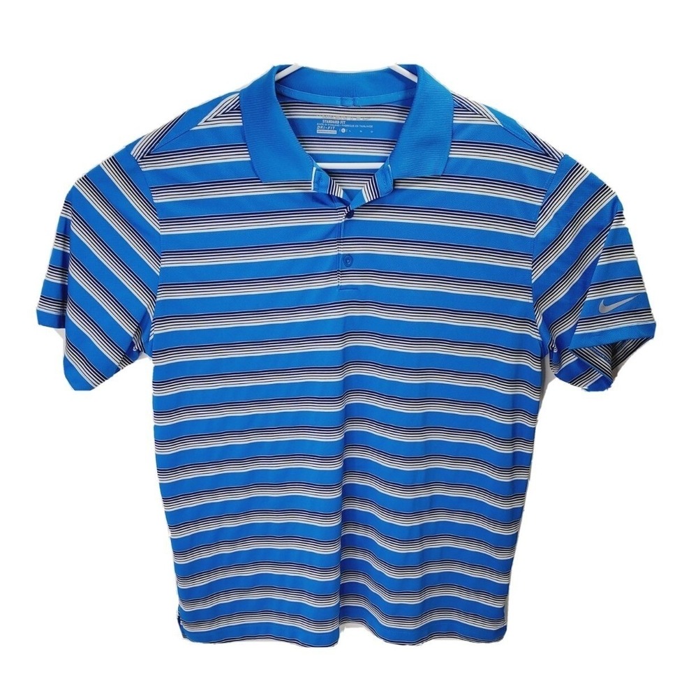 Nike Golf Dri-FIT Mens Large Blue White Striped Short Sleeve Polo Shirt L 677